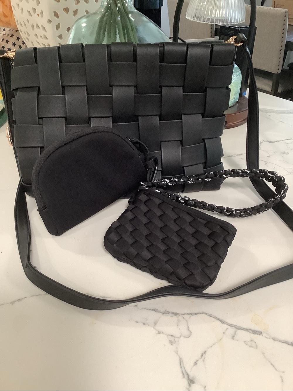 Anthropologie Black Woven Crossbody with Matching Pouches